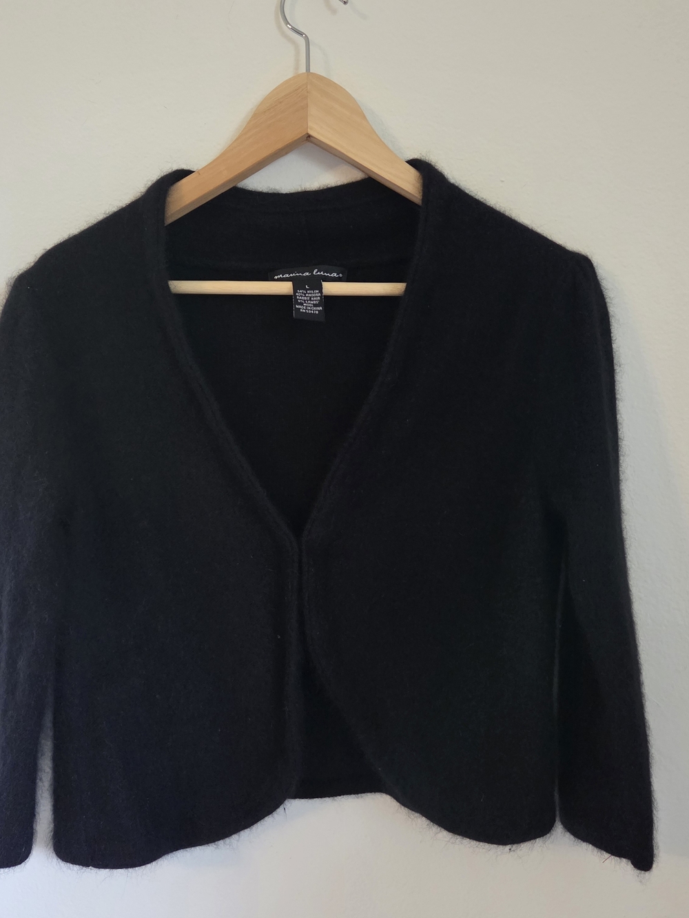 Marina Luna Angora Lamb Wool Bolero Cardigan Sweater Womens L Black Quiet Luxury